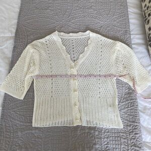 Breezy Summer Crop Crocheted Ivory Pearl Button Short Sleeve Cream Cardigan